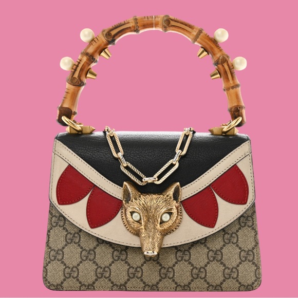 Gucci GG Supreme Monogram Goatskin Pearl Mini Fox Broche Bamboo Top Handle Bag - Picture 1 of 9